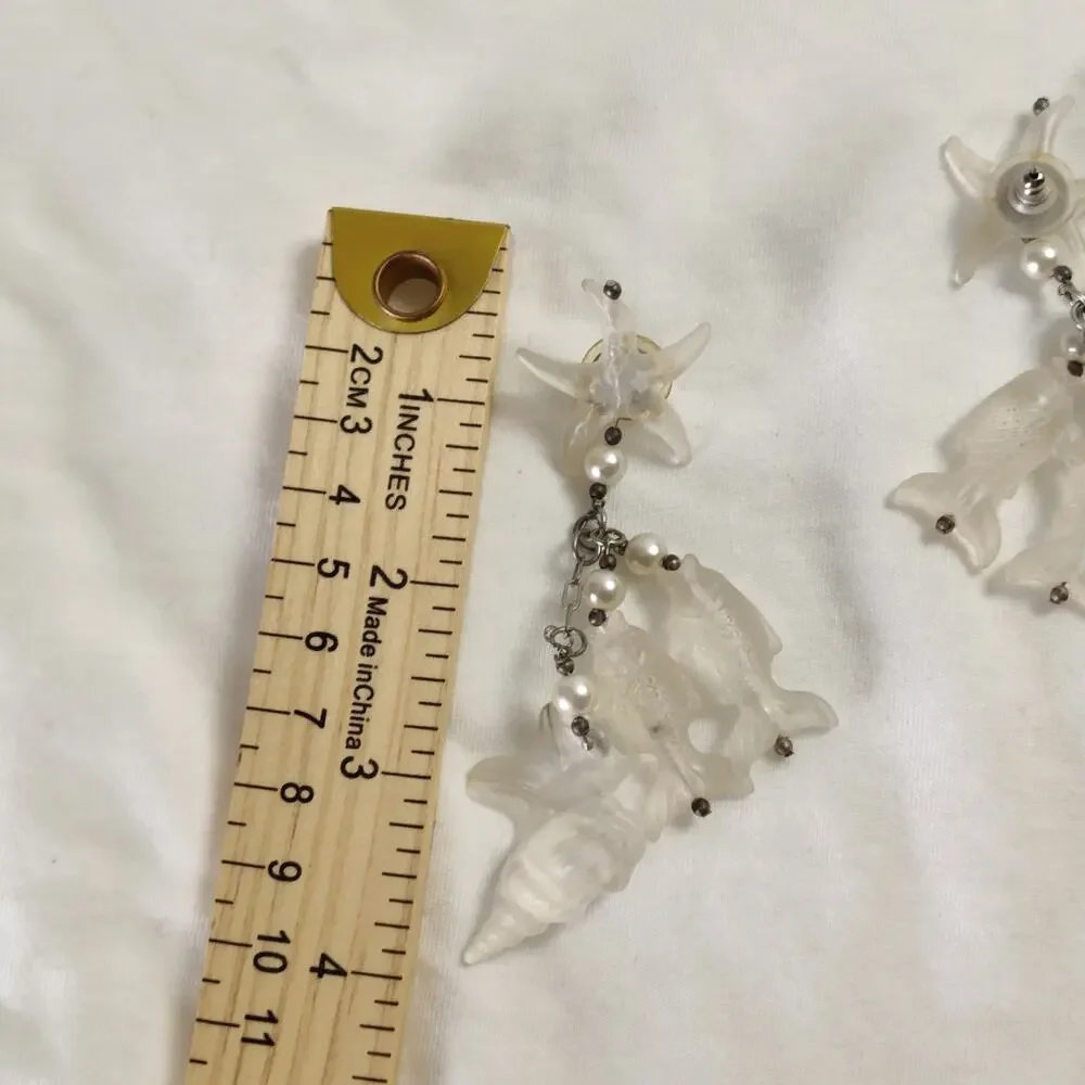 Vintage Mermaidcore Nautical Dangle Earrings Frosted Acrylic Shells Fish